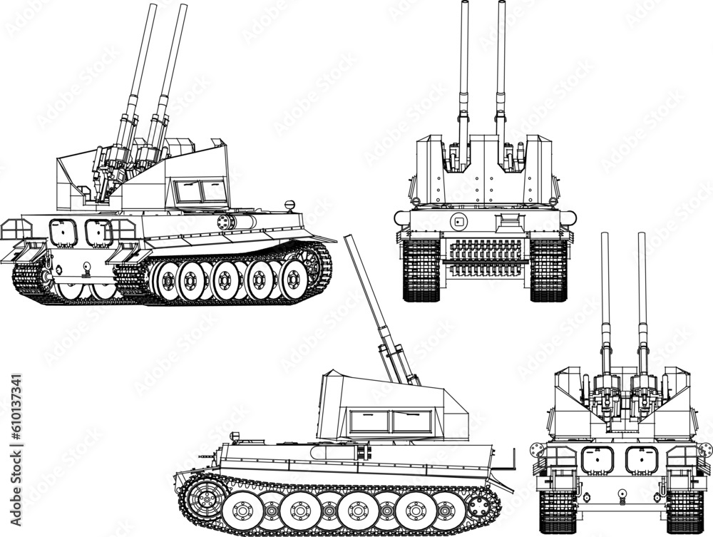 Vector sketch illustration of a battle tank full of weapons for battle