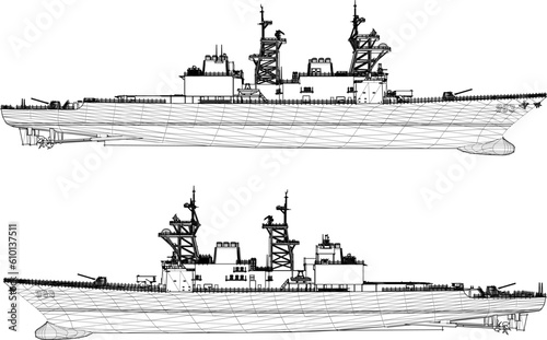 Vector sketch illustration of a battleship full of weapons