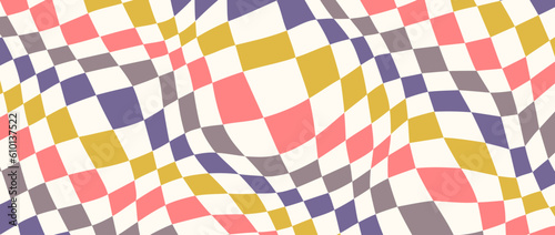 Colorful distorted checkerboard background. Purple grey yellow pink psychedelic checkered wallpaper. Wavy groovy chessboard surface. Trippy twisted geometric pattern. Abstract retro vector backdrop