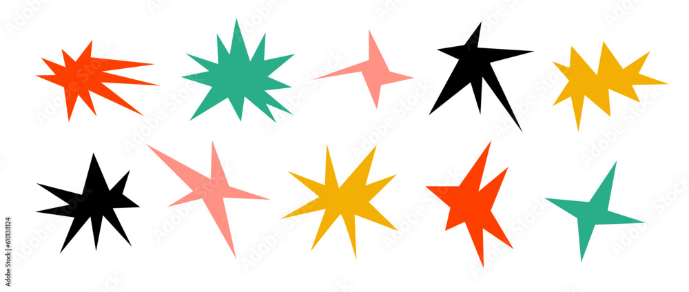 Colorful sharp shapes collection. Bright irregular sparks and twinkles set. Abstract edgy sparkle and stars elements pack. Asymmetry angular forms bundle for banner, collage, poster, sticker. Vector Colorful sharp shapes collection. Bright irregular sparks and twinkles set. Abstract edgy sparkle and stars elements pack. Asymmetry angular forms bundle for banner, collage, poster, sticker. Vector
