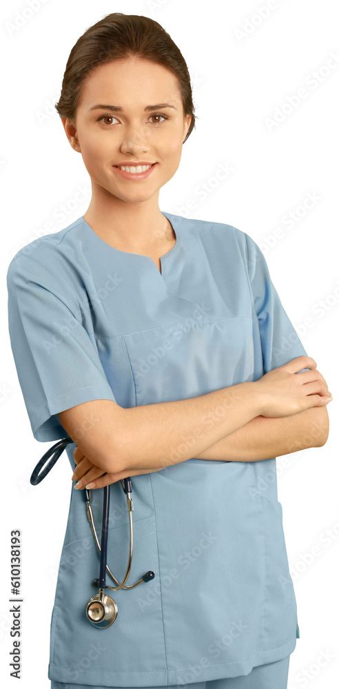 Female healthcare worker in scrubs with a stethoscope Female healthcare worker in scrubs with a stethoscope