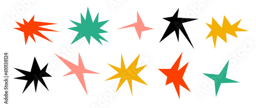 Colorful sharp shapes collection. Bright irregular sparks and twinkles set. Abstract edgy sparkle and stars elements pack. Asymmetry angular forms bundle for banner, collage, poster, sticker. Vector 