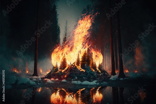 Burning pyre in forest at night