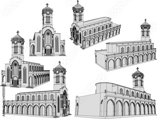 Vintage vatican old holy church illustration vector sketch with tower