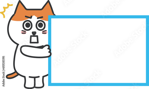 Amazed orange tabby cat talking something with a blank sign, vector illustration. 
