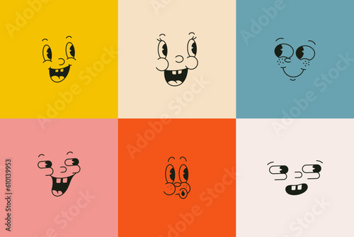 Retro Cartoon Characters Funny Faces in 30s, 50s Mascot Style. Vector Illustration Part Of Face - Eyes, Nose and Mouth.