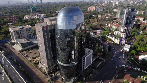Drone circle shot of glass building, Nairobi Kenya