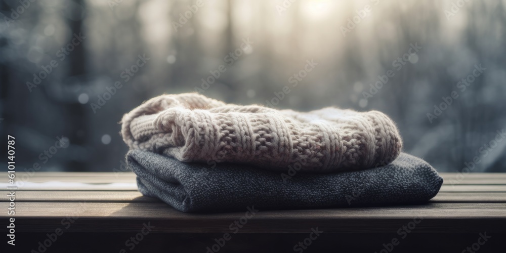 winter snow wooden table with generative ai winter snow wooden table with generative ai
