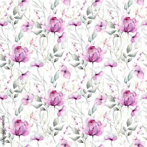 Violet peony and pink flowers and turquoise branches with leaves. Watercolor floral seamless pattern. White background