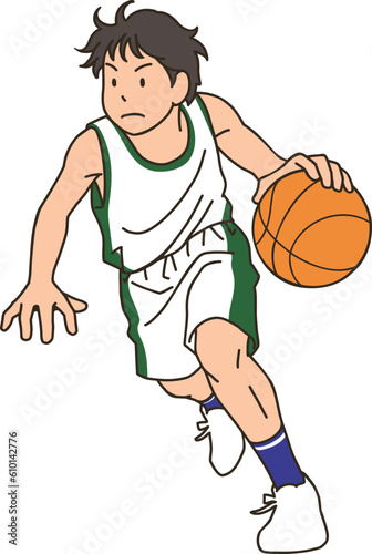 A basketball player running and dribbling