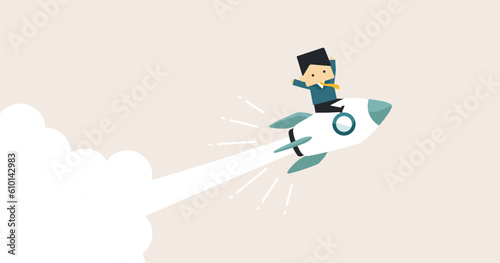 スタートアップのイメージ ロケットに乗る男性 背景 アイキャッチ ベクター デザイン イラスト デフォルメ 1:1.191