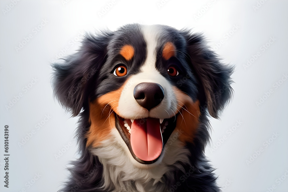 Bernese Mountain Dog close up portrait. Adorable happy 3d animal. Generated by AI.