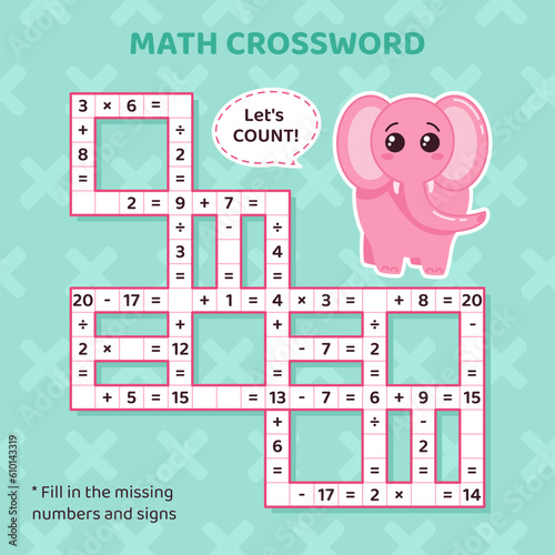 Math Crossword puzzle for kids. Addition, subtraction, multiplication and division