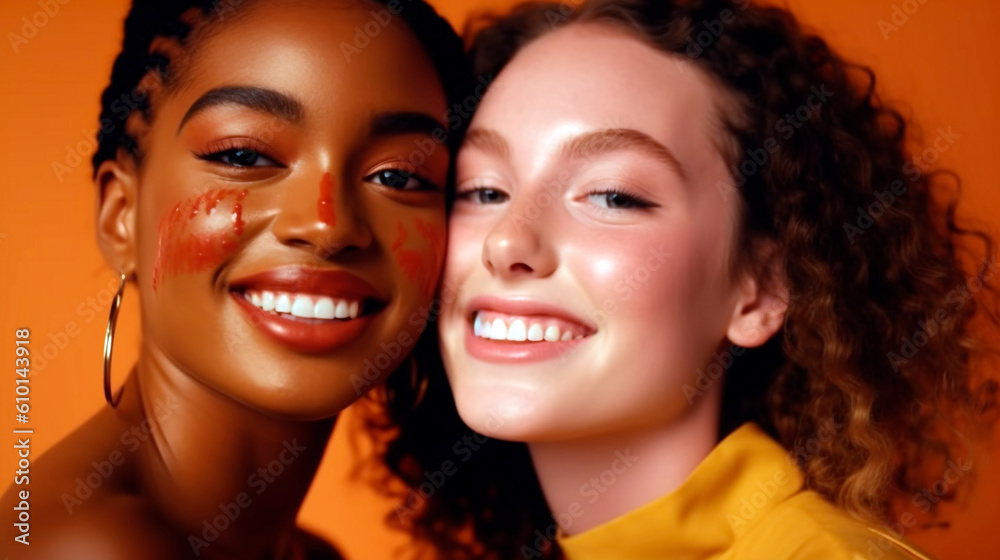 two young women of different nationalities pose looking at the camera. they stand close to each other, enjoying their time together. on an orange background. Generative Ai. two young women of different nationalities pose looking at the camera. they stand close to each other, enjoying their time together. on an orange background. Generative Ai.