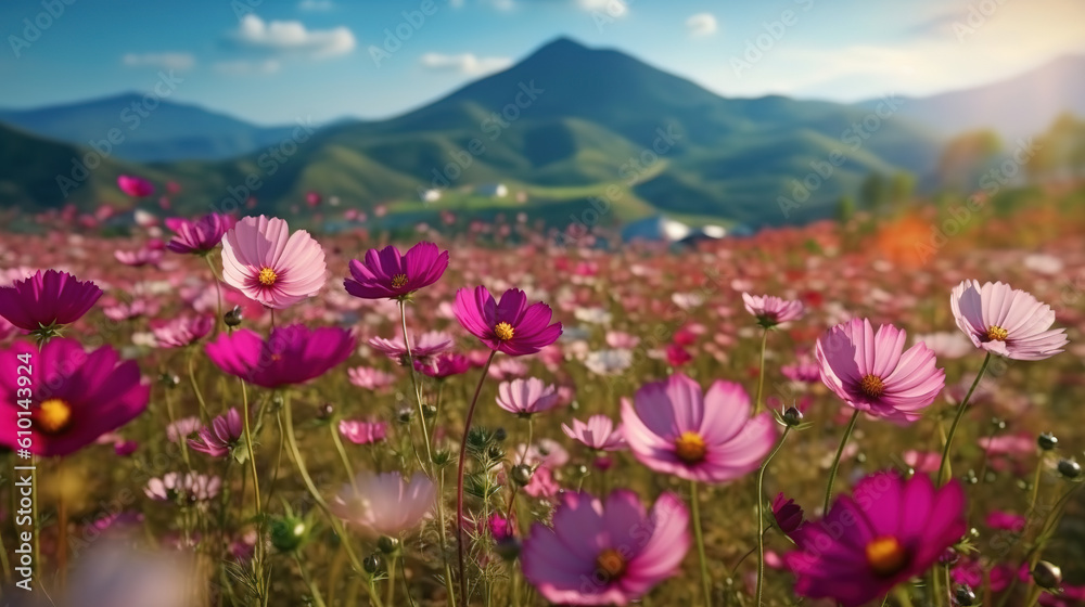 Beautiful colorful flower cosmos fields with blur mountain background. Generative Ai