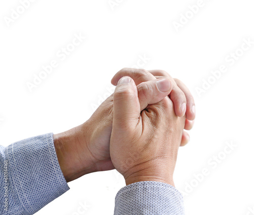 Male hands clasped together in prayer posture. Close up, isolated. Transparent background.