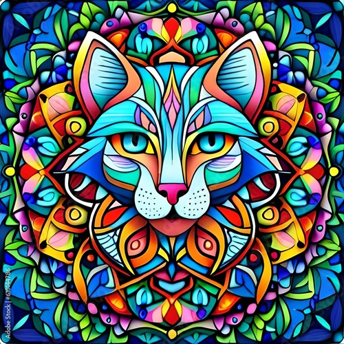 An image of a colorful psychedelic cat. (AI-generated fictional illustration)