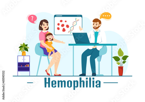 Hemophilia Vector Illustration with Doctor Examining Injured Knee or Joint and Blood Disorders in Kids Healthcare Cartoon Hand Drawn Templates