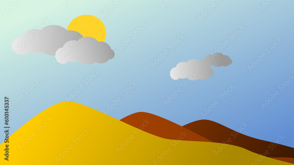 Mountain Landscape Vector Art. Sun behind clouds vector isolated on blue background