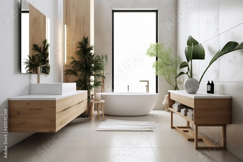 Modern minimalist bathroom interior, modern bathroom cabinet, white sink, wooden vanity, interior plants, bathroom accessories, bathtub and shower, white and beige walls