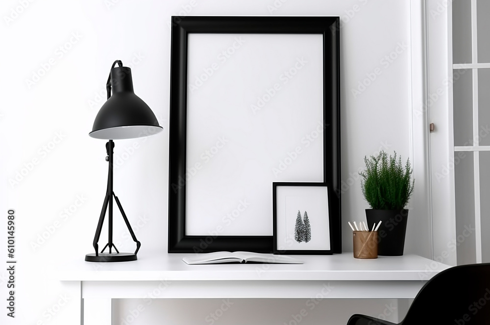 Vertical frame mockup, blank empty screen isolated on white home office background. Copy space. AI generated Vertical frame mockup, blank empty screen isolated on white home office background. Copy space. AI generated