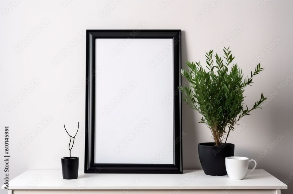Vertical frame mockup, blank empty screen isolated on white home office background. Copy space. AI generated Vertical frame mockup, blank empty screen isolated on white home office background. Copy space. AI generated