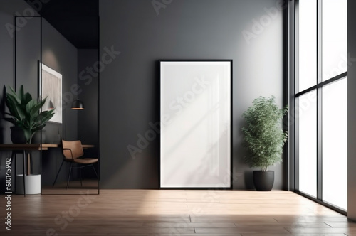 Vertical frame mockup, blank empty screen isolated on white home office background. Copy space. AI generated