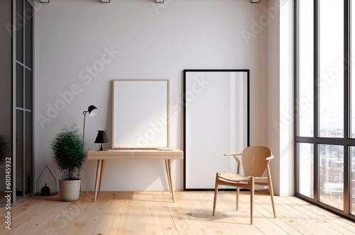 Vertical frame mockup  blank empty screen isolated on white home office background. Copy space. AI generated