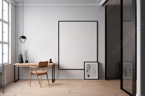 Vertical frame mockup, blank empty screen isolated on white home office background. Copy space. AI generated