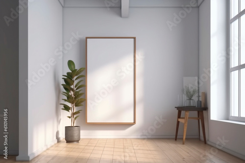 Vertical frame mockup  blank empty screen isolated on white home office background. Copy space. AI generated
