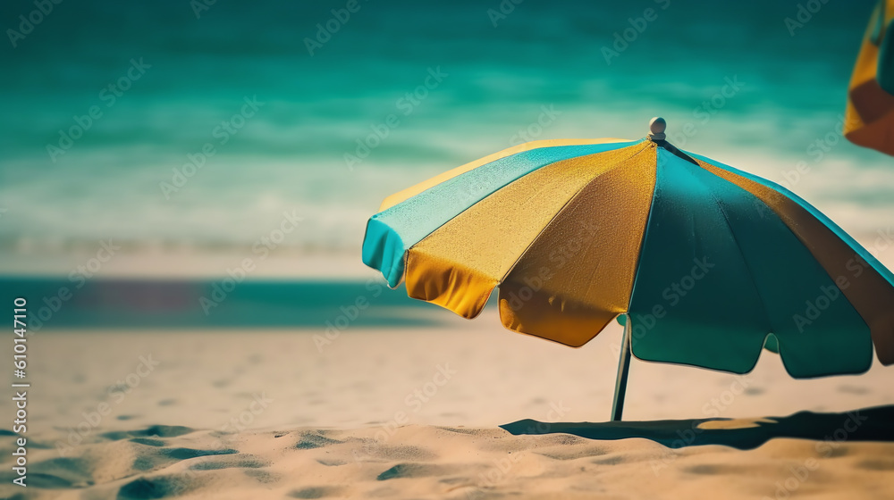 umbrella yellow and blue in beach background ai generated