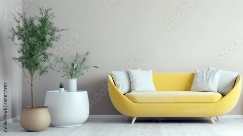 Modern and minimalist living room with white and yellow sofa and plants. Generative ai illustration mock-up © AdibaZR