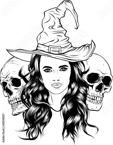 monochrome hand drawn illustration of witch and skulls