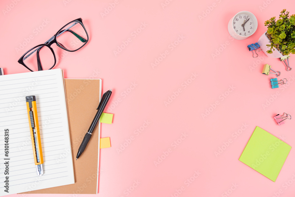 Pink office desk table Top view with copy space. Flat lay. Pink office desk table Top view with copy space. Flat lay.