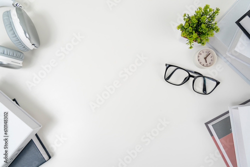 white office desk table Top view with copy space. Flat lay.