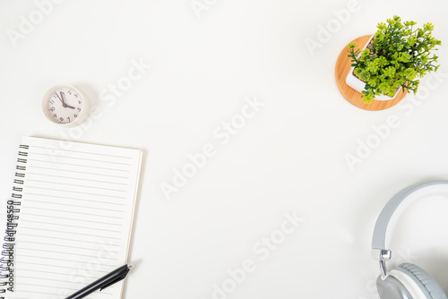 white office desk table Top view with copy space. Flat lay.