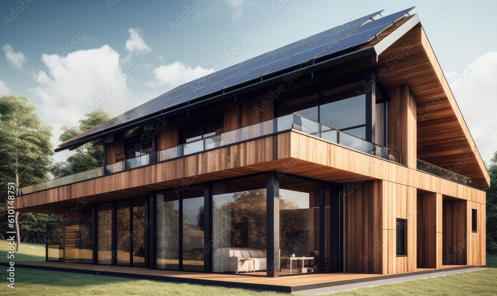 a modern house that has its own solar panels on the roof, generative AI