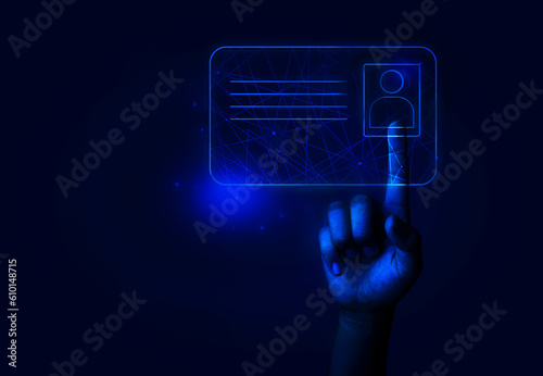 Hand tuching digital identity card screen, technology and innovation concept.