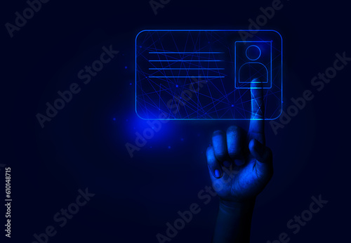 Hand tuching digital identity card screen, technology and innovation concept. photo