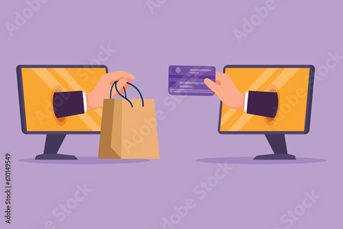 Cartoon flat style drawing two hands out of monitor screen to exchange shopping bags with credit cards. Sale, digital payment technology. Online store and trading. Graphic design vector illustration