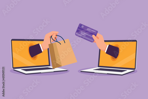 Character flat drawing two hands out of laptop screen to exchange shopping bag with credit card. Sale, digital payment technology. Online store and trading concept. Cartoon design vector illustration
