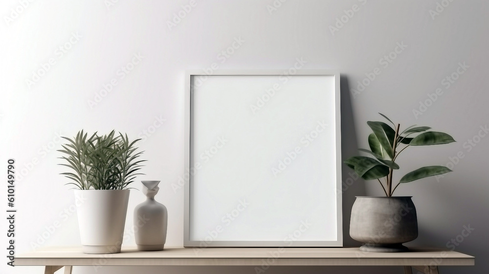 Empty blank picture frame mockup on the table with plants. Generative ai interior concept Empty blank picture frame mockup on the table with plants. Generative ai interior concept
