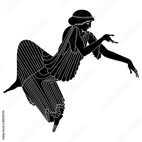 Beautiful ancient Greek woman seated in reclining pose. Vase painting style. Black and white negative silhouette.