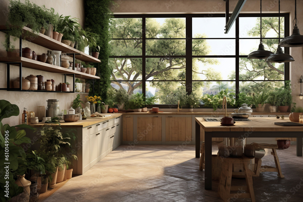 A kitchen with a large window and a wooden table with plants, generative ai illustration