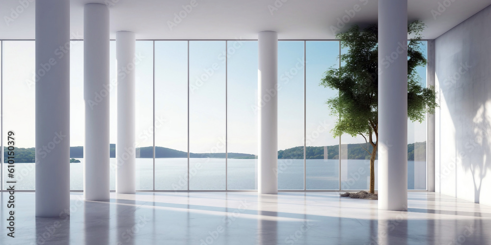 Fototapeta premium Empty room with beautiful sea view and open windows. Generative ai illustration