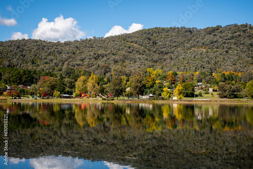 Beautiful Pondage and reflections at Mount Beauty, Victoria, Australia in autumn. The Mount Beauty Regulating Pondage is part of the Kiewa Hydroelectric Scheme and popular travel destination photo