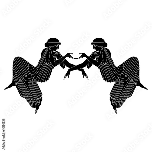 Symmetrical ethnic design with two reclining women. Ancient Greek vase painting style. Black and white silhouette.