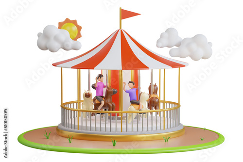 Carousel with horses or merry-go-round for children. sitting on carousel horse. 3d illustration