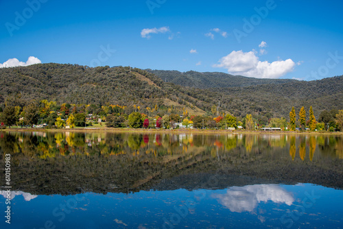 Beautiful Pondage and reflections at Mount Beauty, Victoria, Australia in autumn. The Mount Beauty Regulating Pondage is part of the Kiewa Hydroelectric Scheme and popular travel destination © Daria Nipot