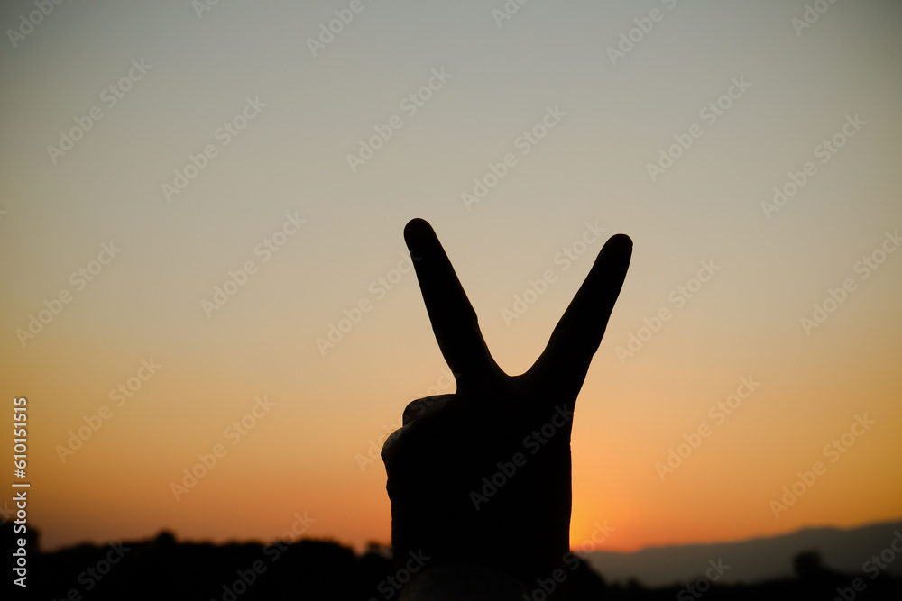 A peace sign hand gesture is silhouetted